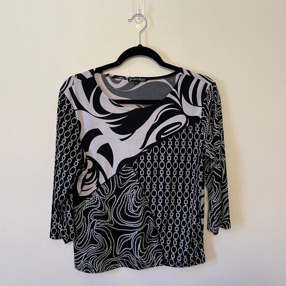 Y2K Vintage L blouse Jessica Max USA chain AOP abstract black white USA party - Picture 1 of 7